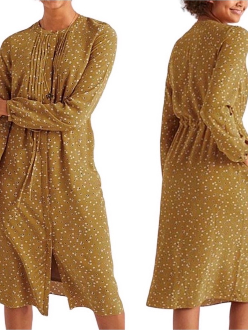 Boden Mustard Yellow Printed Long Sleeve Midi Dress